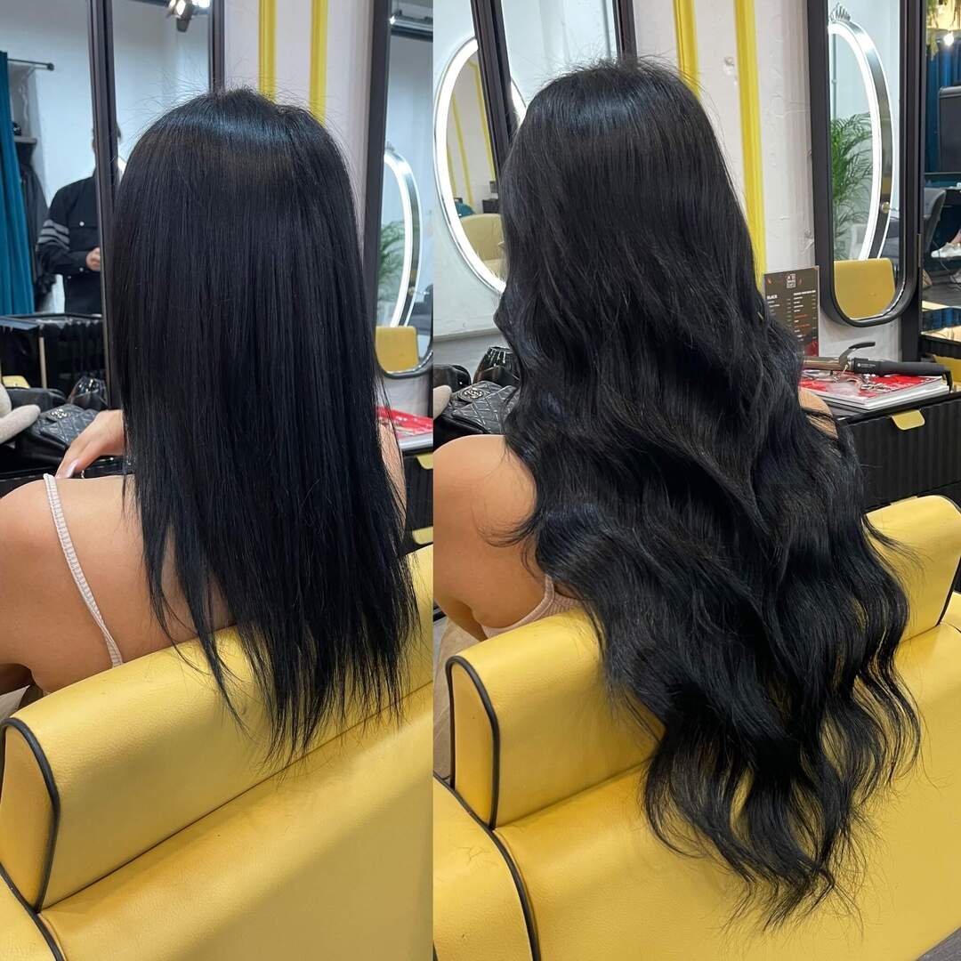 Long black wavy hair extensions before and after