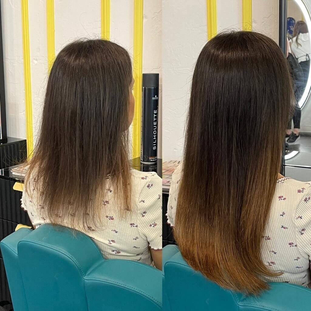 Long black hair extensions before and after